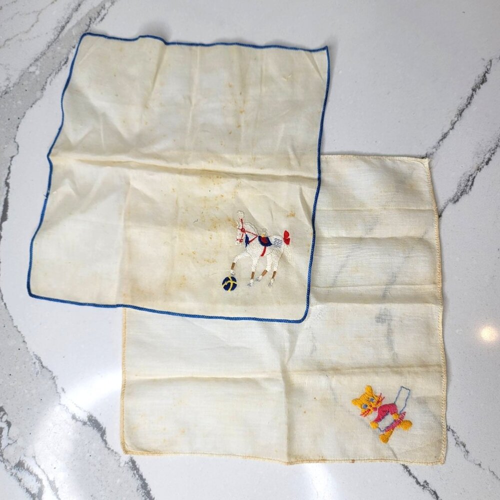 Vintage Handkerchiefs 2 With Embroidered Horse & Cat Blue And Yellow Trim Cotton